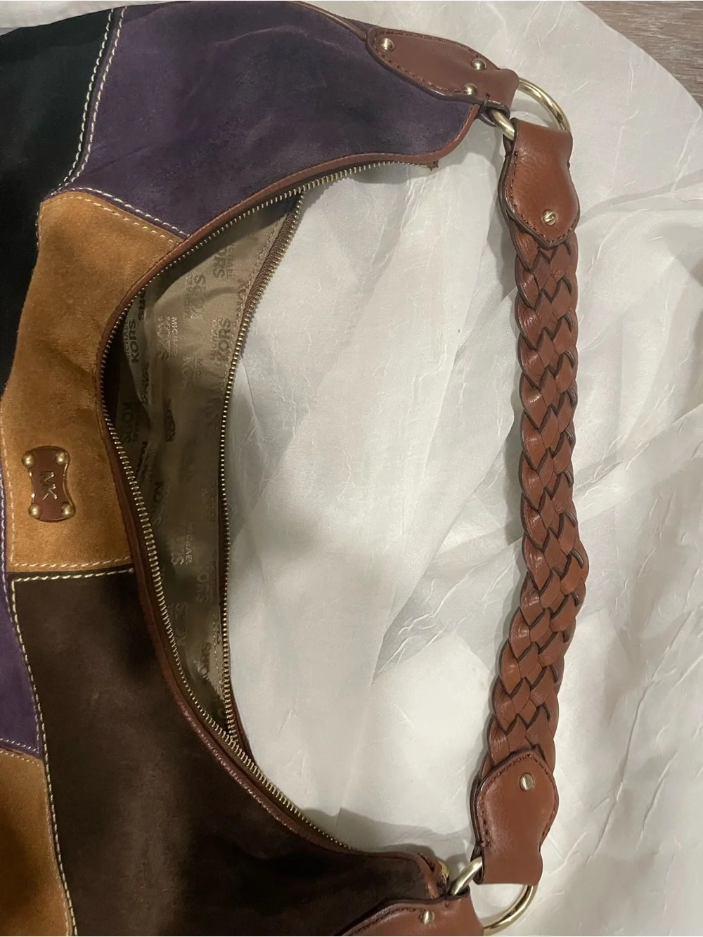 Michael Kors Patchwork Suede Shoulder Bag in Tan, Purple, Brown, Black